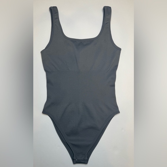 Tops - Sleeveless Square Neck Bodysuit Ribbed Tank Top Dark Gray Size S